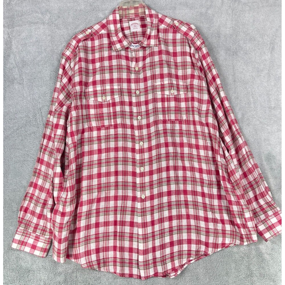 Brooks Brothers Linen Shirt Mens Size XXL Button Up Plaid Red w/‎ Epauletes